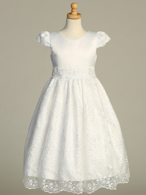 White lace dress on a mannequin against a gray background