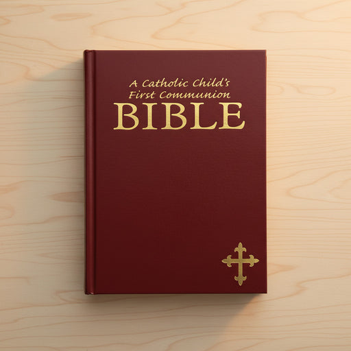 Red Bible for Catholic First Communion on a wooden surface