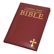 Red Bible for Catholic First Communion on a white background