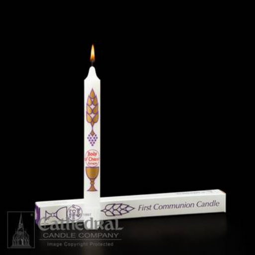 First Communion candle with packaging on a black background, featuring the Cathedral Candle Company logo.