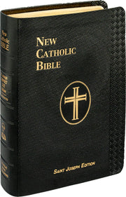 Black New Catholic Bible with gold text and cross emblem on cover