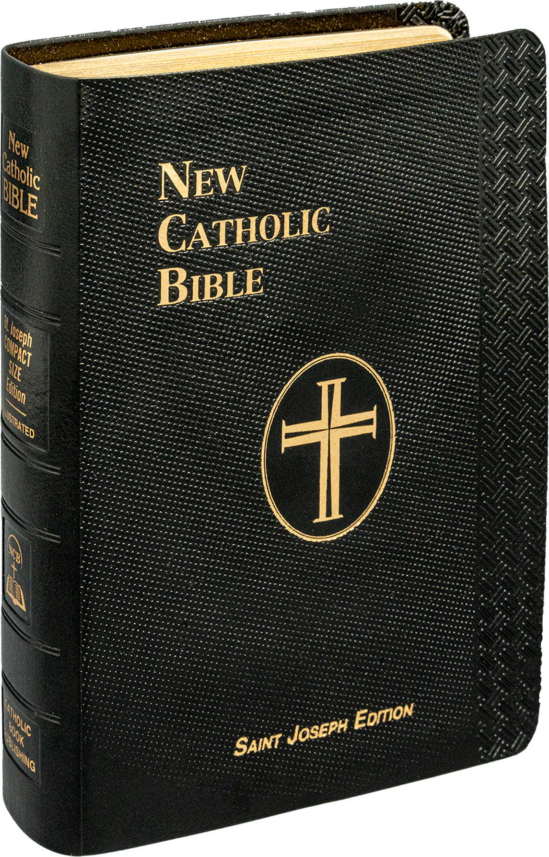 Black New Catholic Bible with gold text and cross emblem on cover