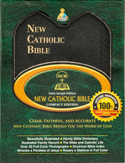 Cover of the New Catholic Bible with green background and gold accents