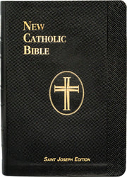 Black New Catholic Bible with gold cross emblem and text