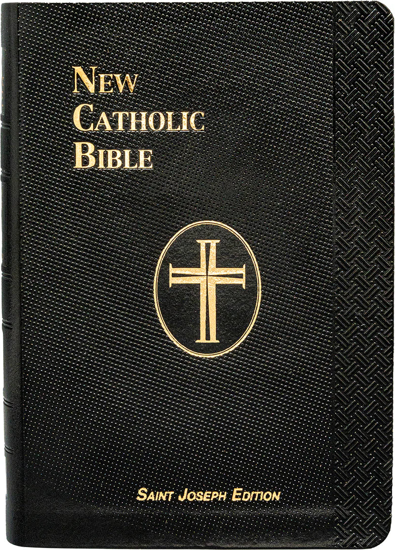 Black New Catholic Bible with gold cross emblem and text
