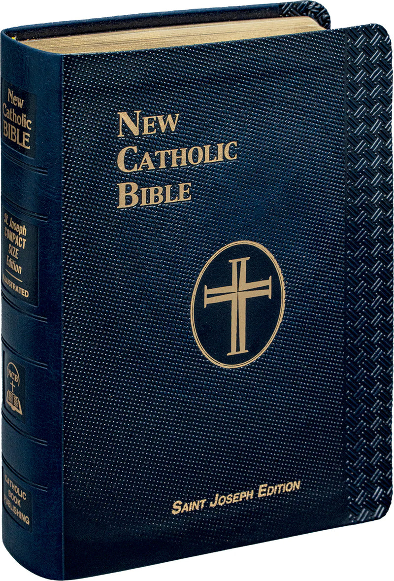 Blue New Catholic Bible with gold cross emblem on cover
