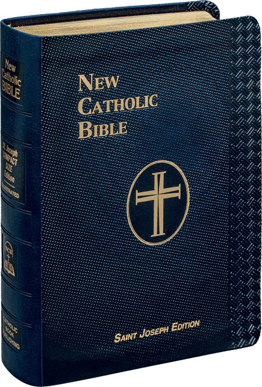Blue New Catholic Bible with gold cross emblem on cover