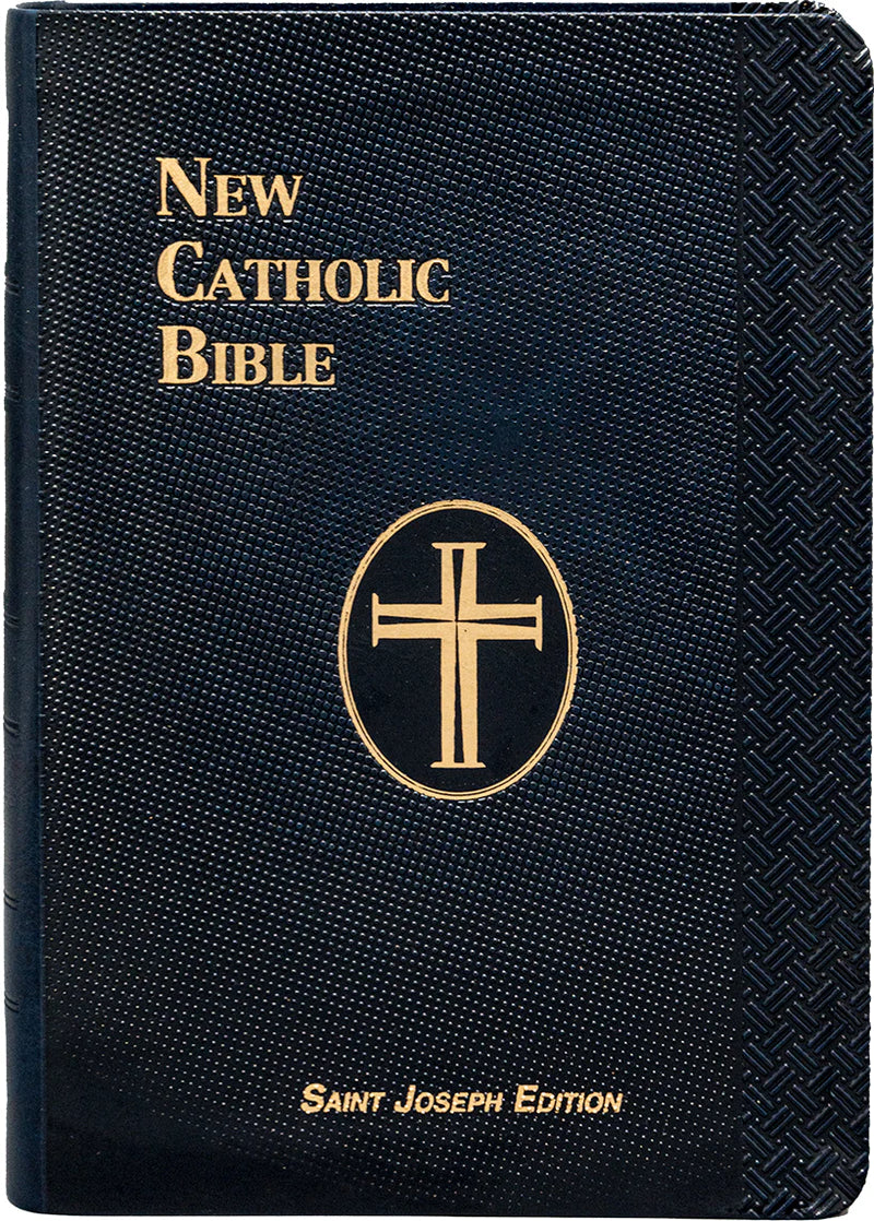 Dark blue New Catholic Bible with gold cross emblem and text on cover