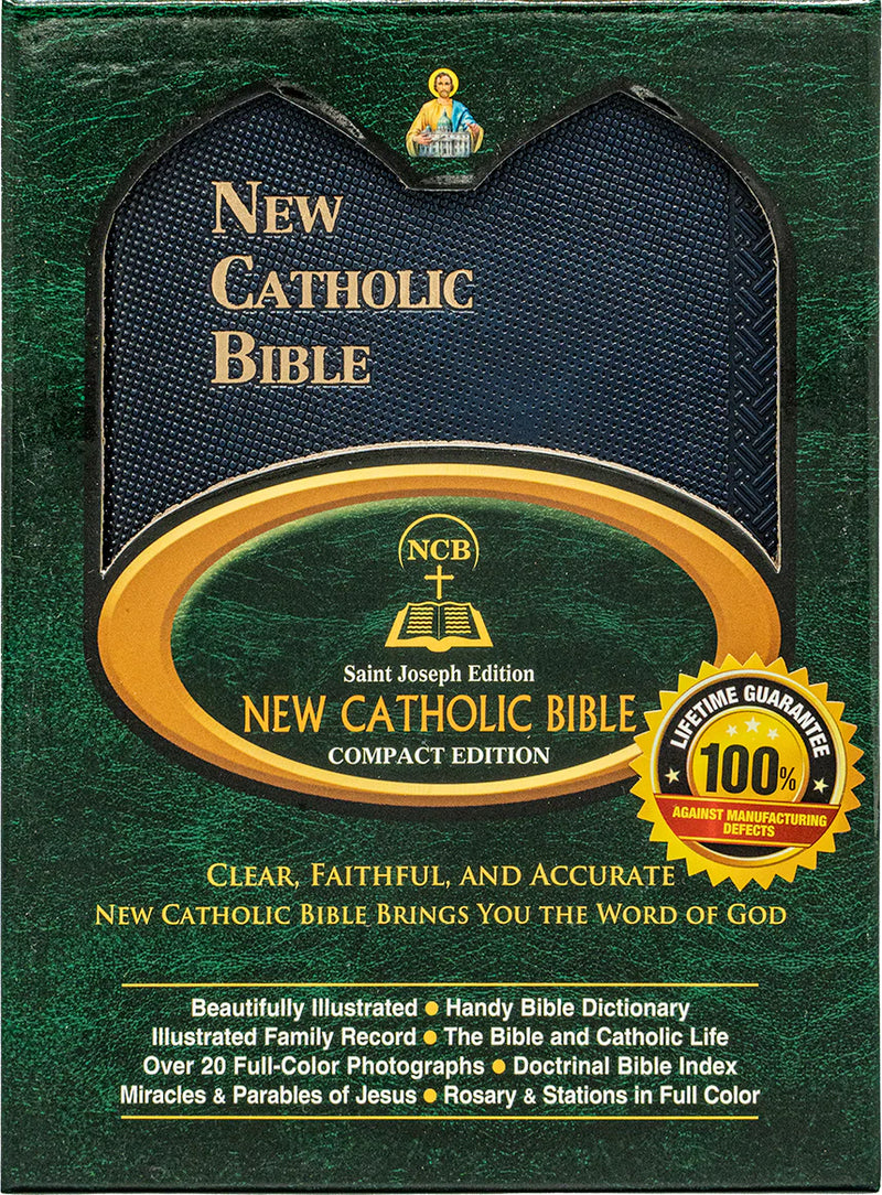 New Catholic Bible compact edition packaging with green and gold design