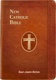 Brown leather-bound New Catholic Bible with cross emblem and text