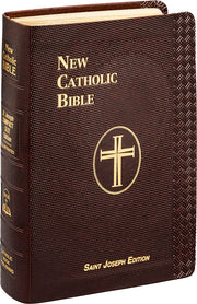 Burgundy New Catholic Bible with gold text and cross emblem on cover