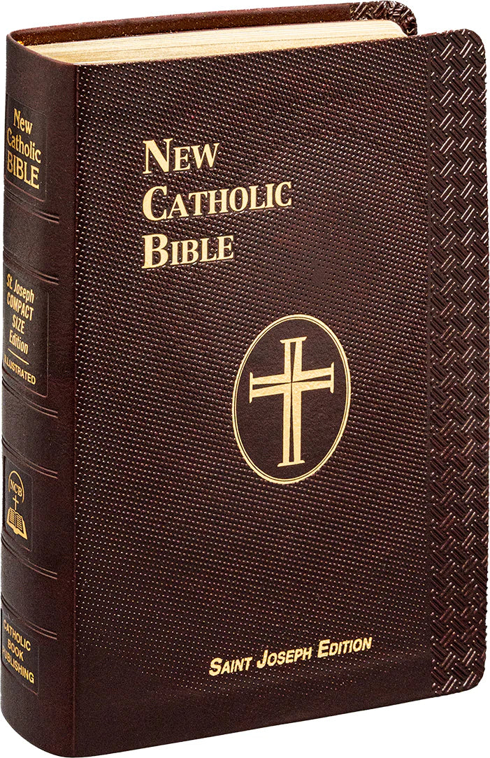Burgundy New Catholic Bible with gold text and cross emblem on cover