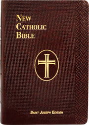 Burgundy New Catholic Bible with gold cross emblem and text on cover