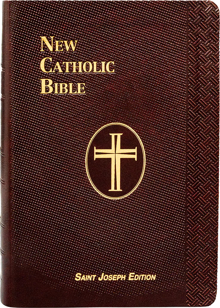 Burgundy New Catholic Bible with gold cross emblem and text on cover