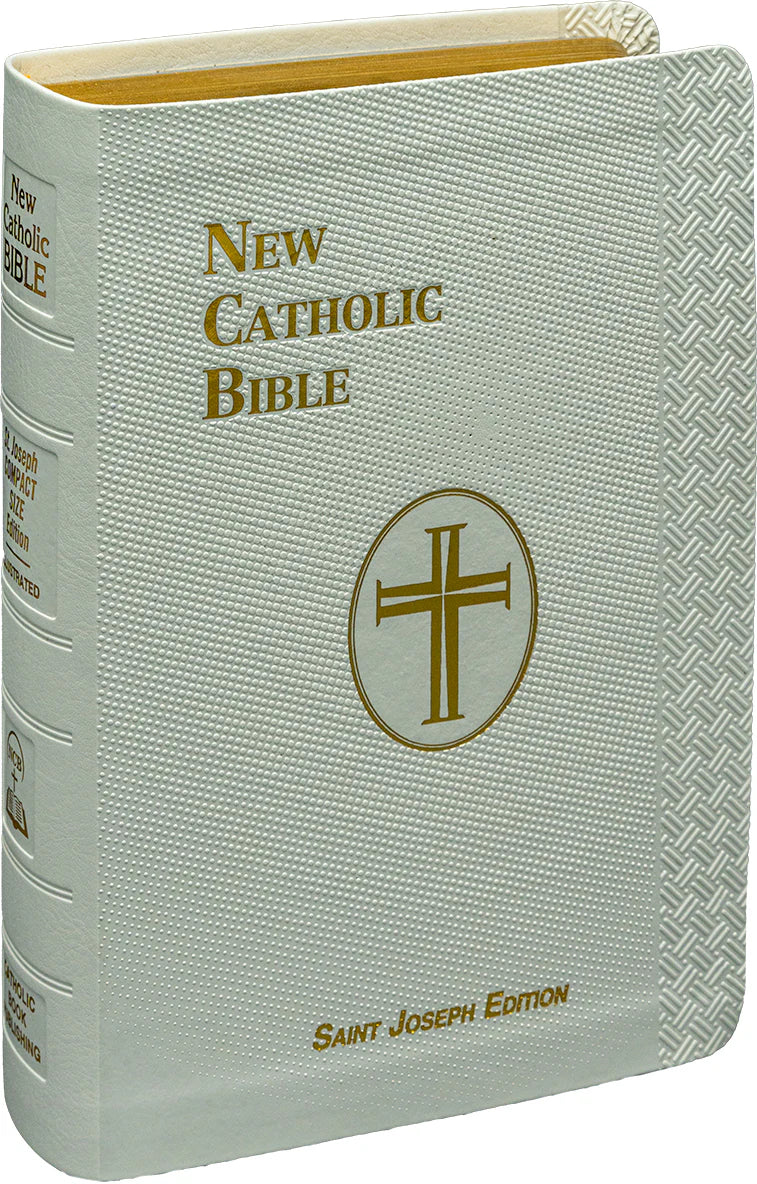 New Catholic Bible with gold cross emblem on a textured cover