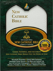 New Catholic Bible compact edition packaging with green and gold design