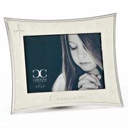Ivory and silver First Communion picture frame for a 3.5 x 5 inch size photo on a white background.
