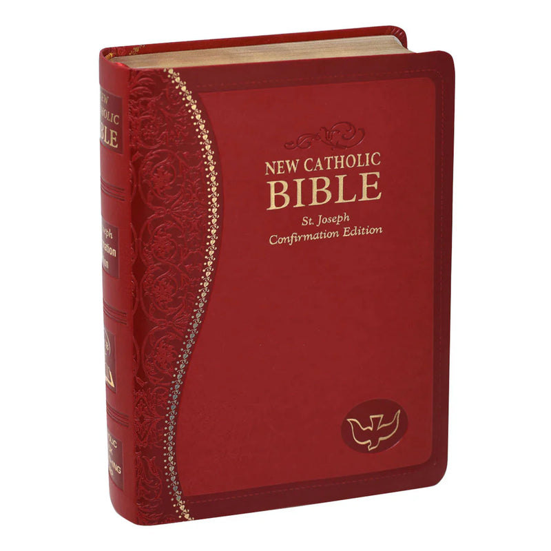 Red Bible with gold lettering on a white background