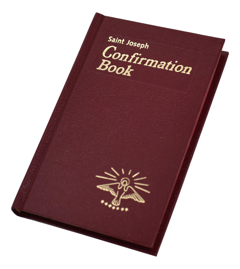 Maroon Confirmation Book with 'Saint Joseph' text and dove emblem on a white background