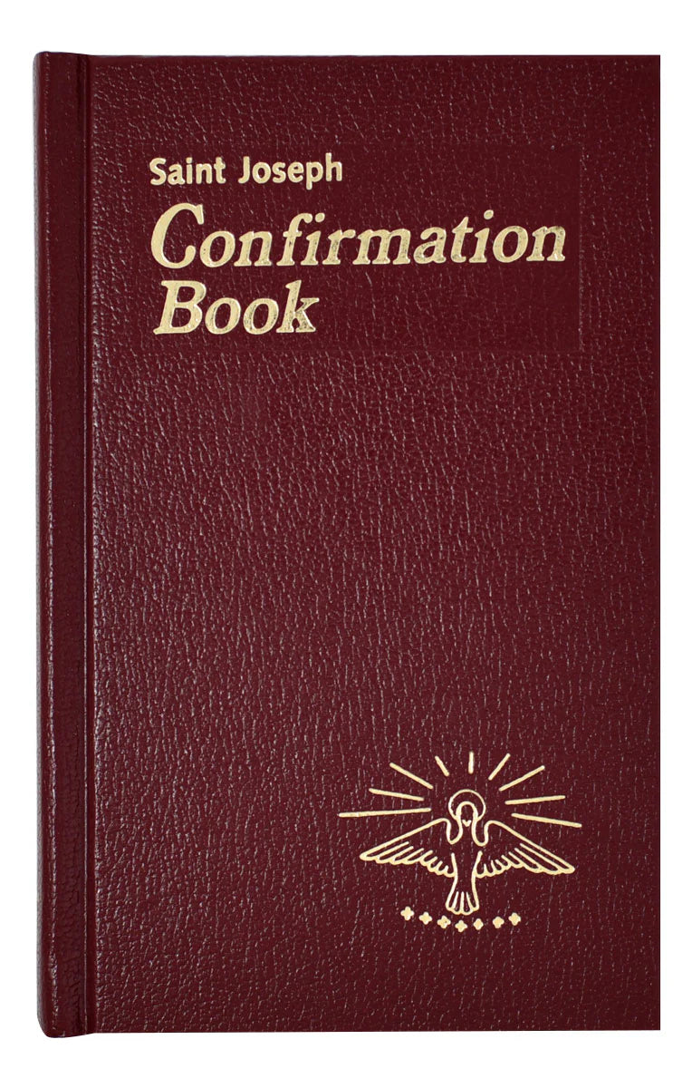 Maroon Confirmation Book with 'Saint Joseph' text and dove emblem on a white background