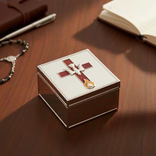 Hand opening a Confirmation jewelry box with a decorative cross emblem on a wooden surface.