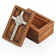 Wooden Confirmation keepsake box with a silver cross inside on a white background