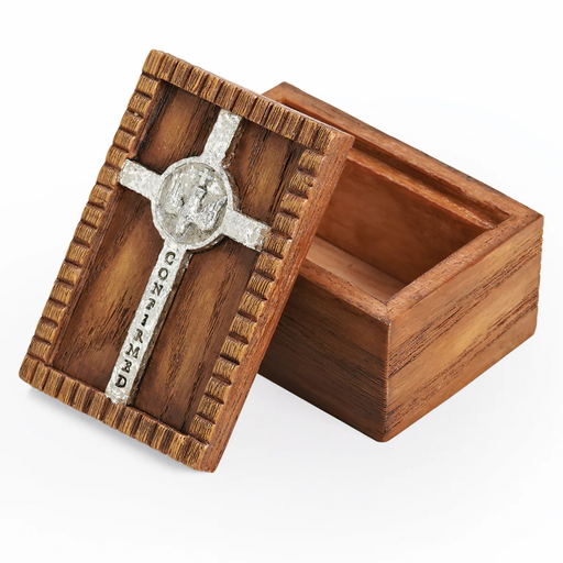 Wooden Confirmation keepsake box with a silver cross inside on a white background