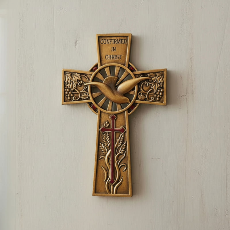 Decorative Confirmation cross wall art with engraved text on a light background