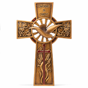 Decorative Confirmation cross with dove and religious symbols on a white background