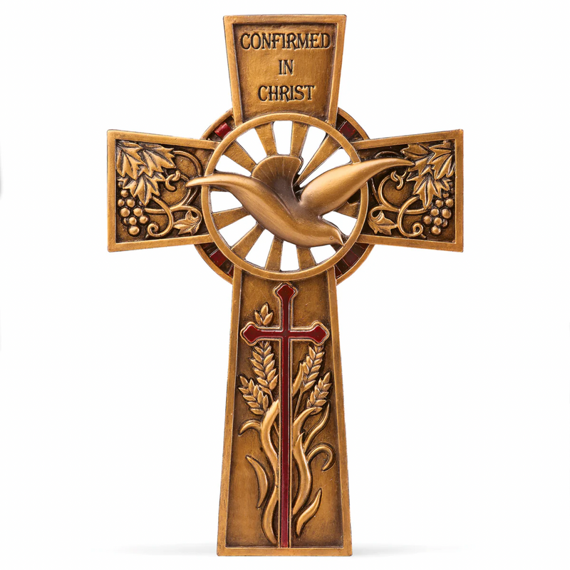 Decorative Confirmation cross with dove and religious symbols on a white background