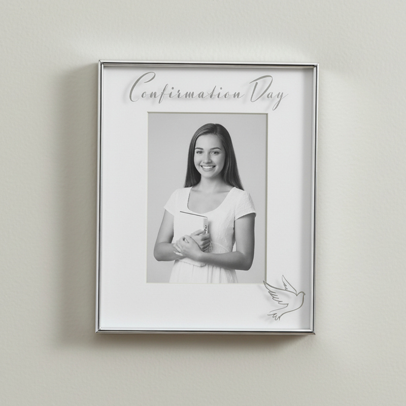 Framed black and white photo of a young girl with 'Confirmation Day' text on a light gray wall.