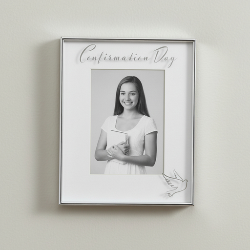 Framed black and white photo of a young girl with 'Confirmation Day' text on a light gray wall.
