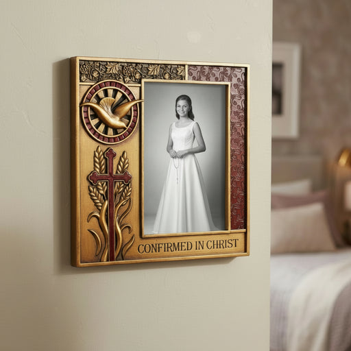 A hand adjusts a Confirmation picture frame hanging on a beige wall