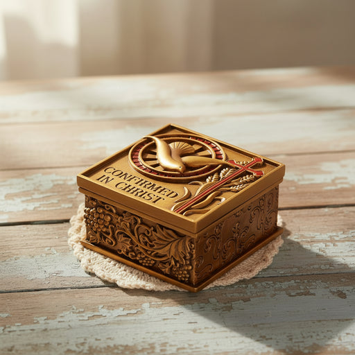 Decorative Confirmation keepsake box with engraved Holy Spirit dove on a wooden surface