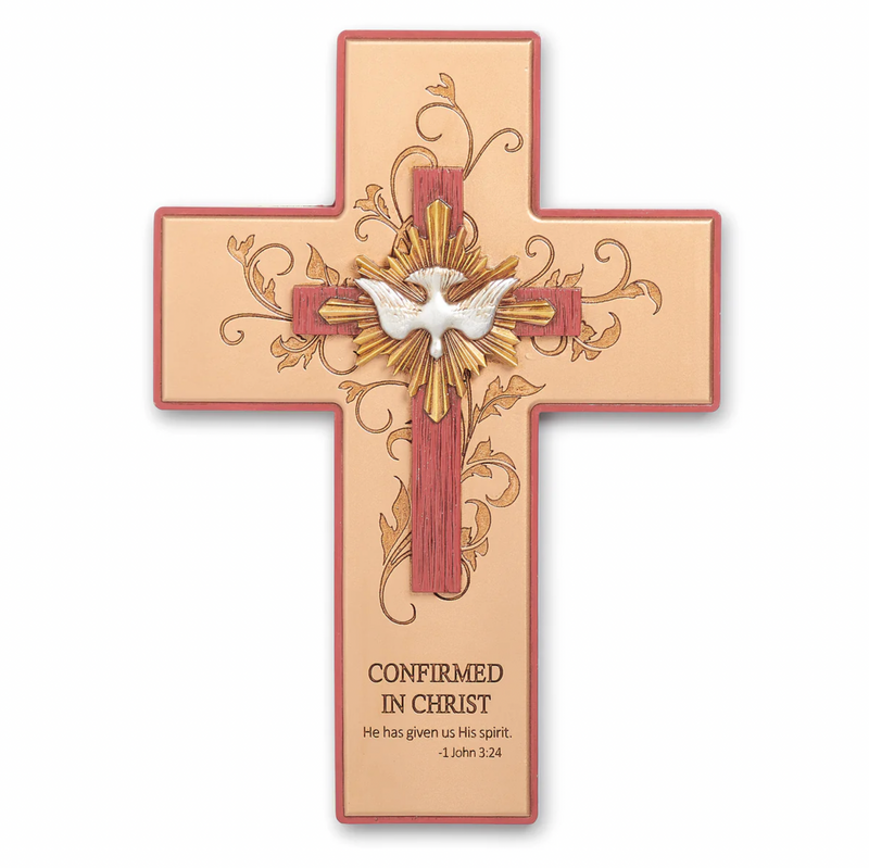 Decorative Confirmation wall cross with a dove and engraved text on a white background