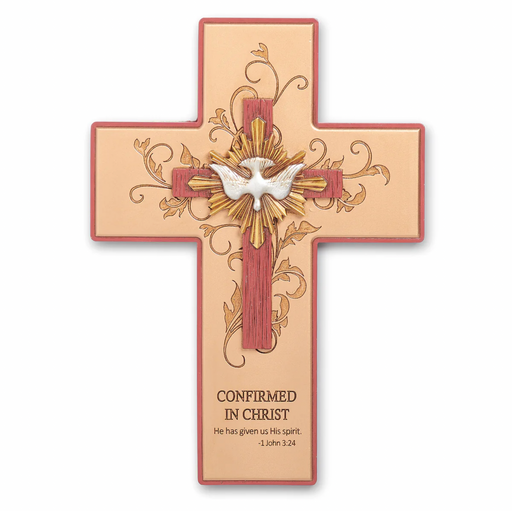 Decorative Confirmation wall cross with a dove and engraved text on a white background