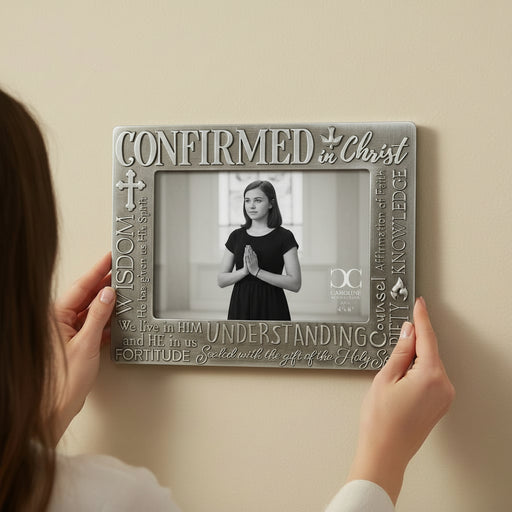 Person holding a decorative Confirmation photo frame with religious text and a black and white photo of a teenage girl.