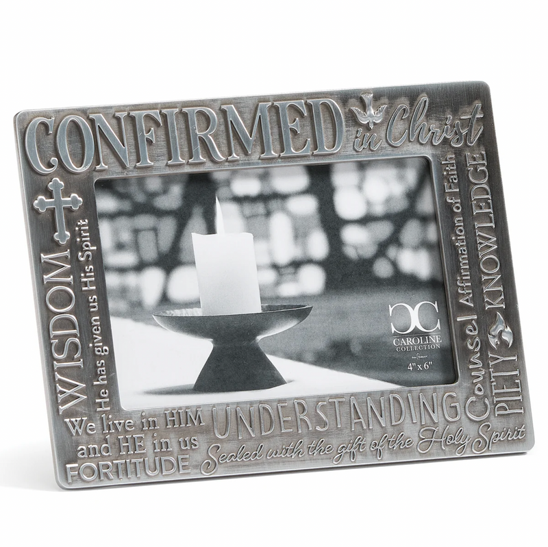 Decorative Confirmation photo frame with religious text over a white background