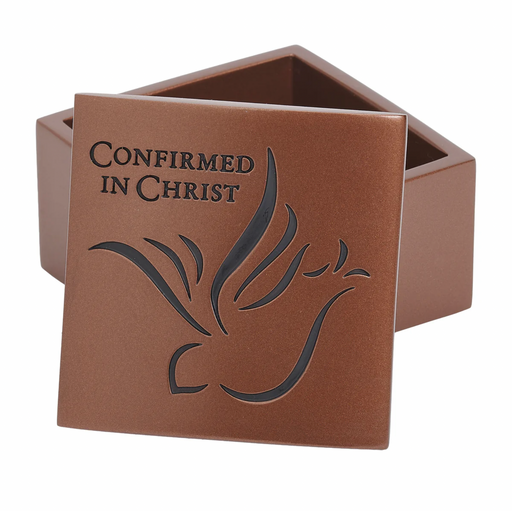 Brown box with 'Confirmed in Christ' text and flame design on a white background