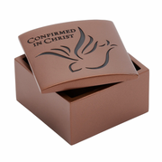 Brown box with 'Confirmed in Christ' text and dove design on a white background