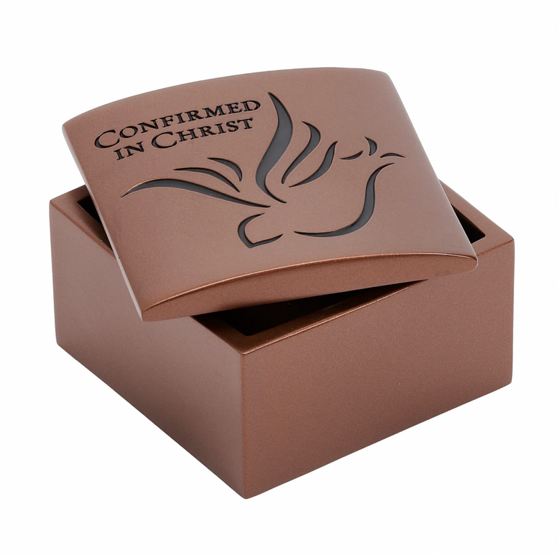 Brown box with 'Confirmed in Christ' text and dove design on a white background