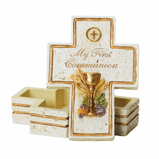 Decorative cross-shaped box with 'My First Communion' text and chalice design on a white background