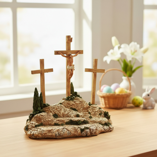 Crucifixion sculpture on a natural base with Easter decorations in the background.