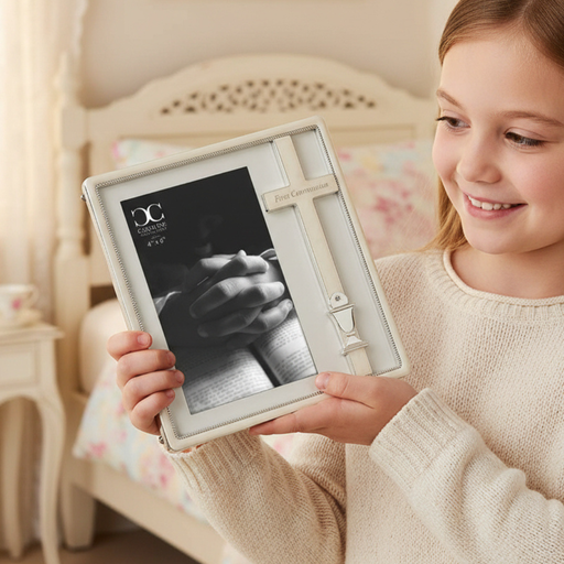 Child holding a First Communion picture frame for a 4x6 inch size photo, smiling.
