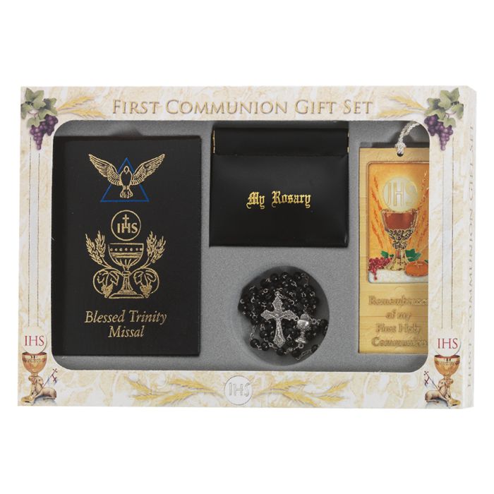 Communion Gift Set 6pc Boys Black Blessed Trinity Missal - P65