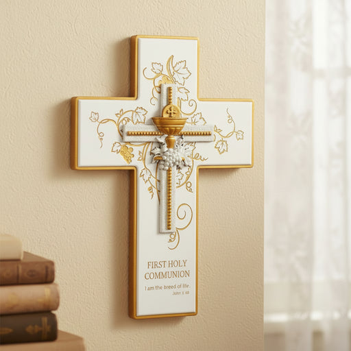 Decorative cross with gold accents on a beige wall