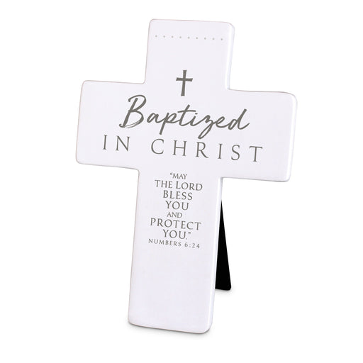 Baptized in Christ white resin Baptism cross with Numbers 6:24, Dicksons 11267