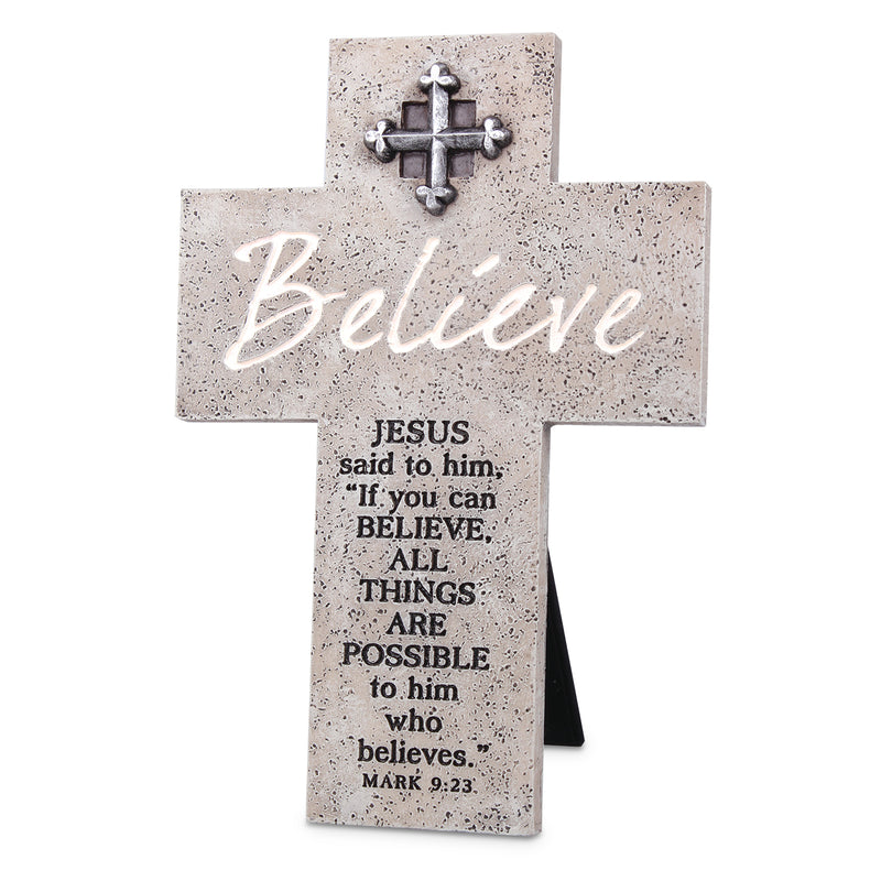 Believe Resin Tabletop Cross with Scripture