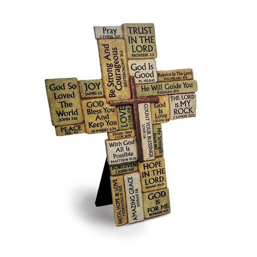 Stacked Stone Scripture Resin Cross, 9″