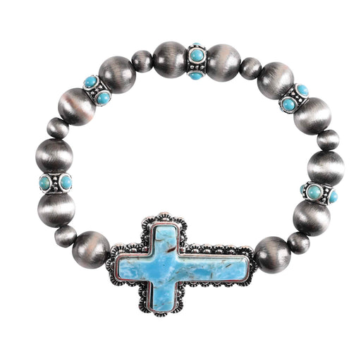 Western-Style Gray Bead Cross Stretch Bracelet